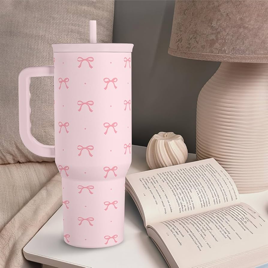 Bow Tumbler with Handle 40oz, Stainless Steel Insulated Tumblers Coffee Travel Cup with Slider Straw Lid, Gifts for Women Teen Girls Birthday