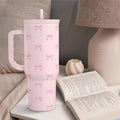 Bow Tumbler with Handle 40oz, Stainless Steel Insulated Tumblers Coffee Travel Cup with Slider Straw Lid, Gifts for Women Teen Girls Birthday