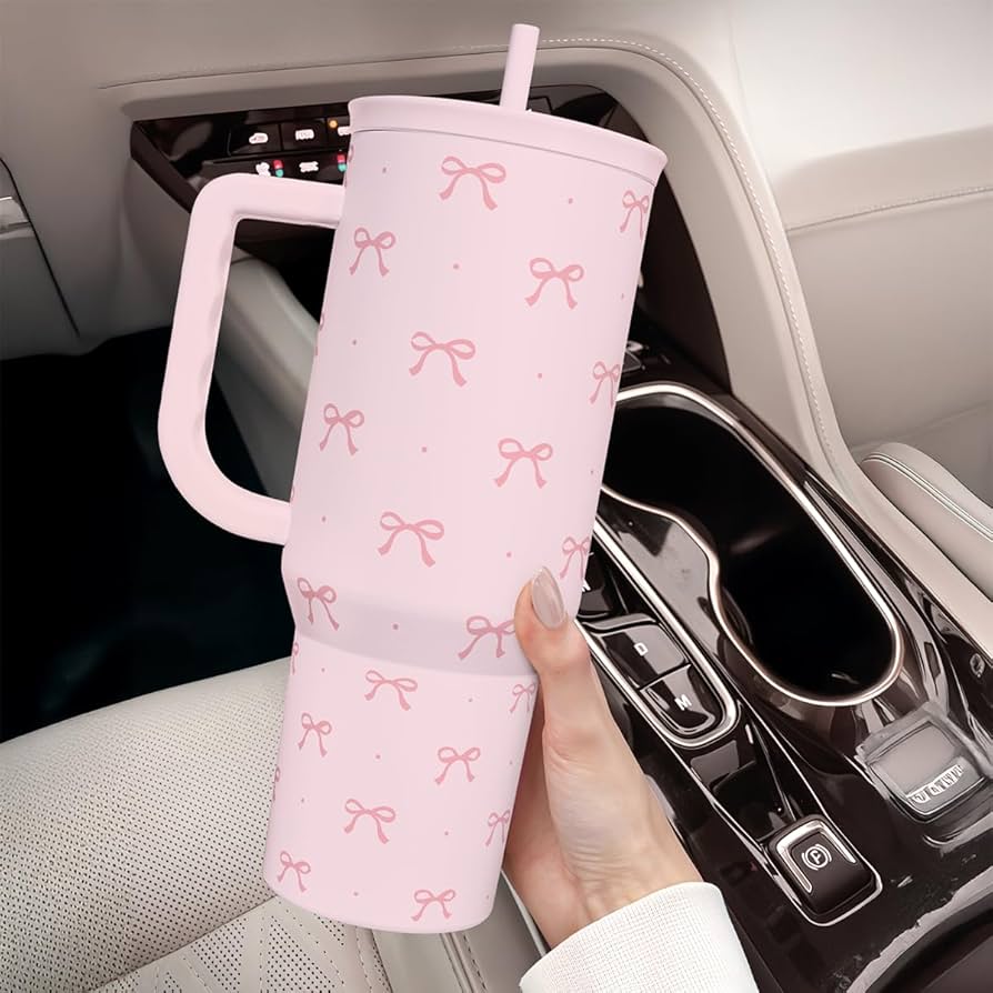 Bow Tumbler with Handle 40oz, Stainless Steel Insulated Tumblers Coffee Travel Cup with Slider Straw Lid, Gifts for Women Teen Girls Birthday