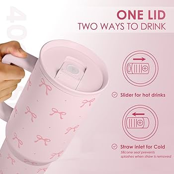 Bow Tumbler with Handle 40oz, Stainless Steel Insulated Tumblers Coffee Travel Cup with Slider Straw Lid, Gifts for Women Teen Girls Birthday