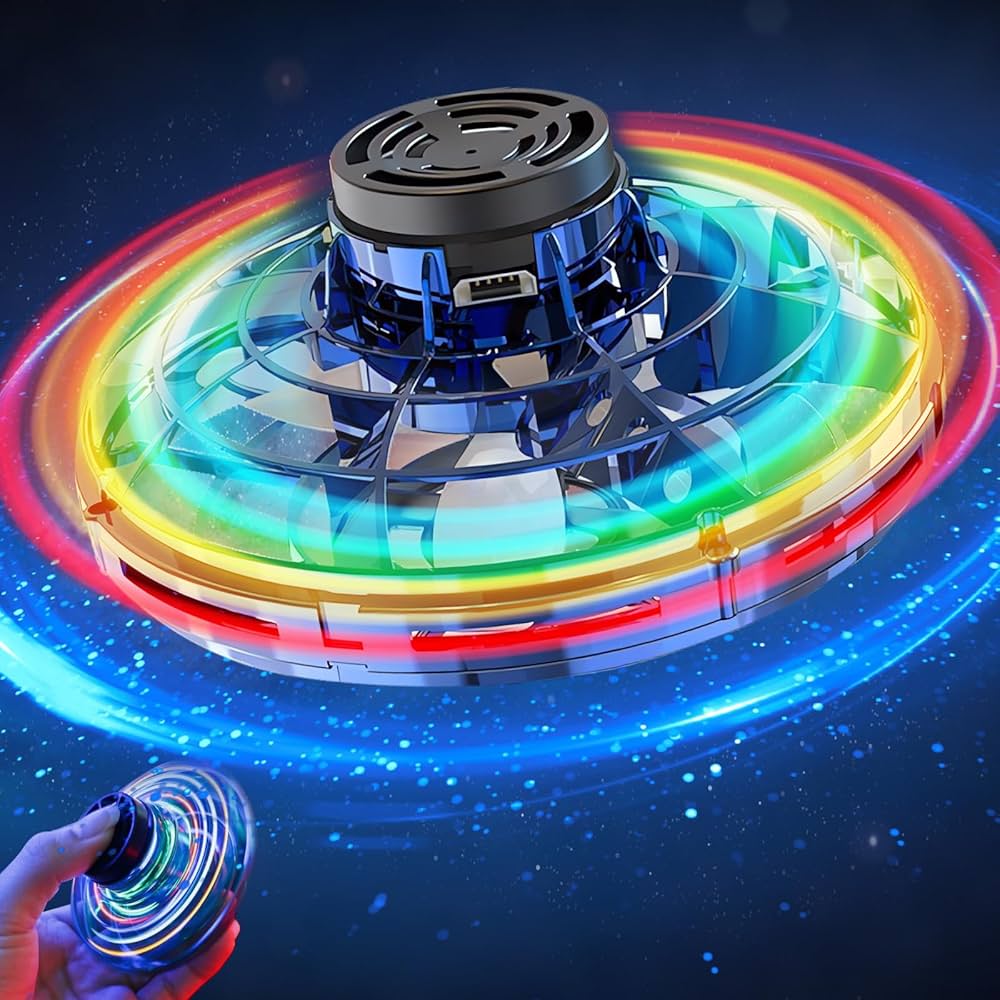 Hand-operated flying spinner mini- drone toy.
